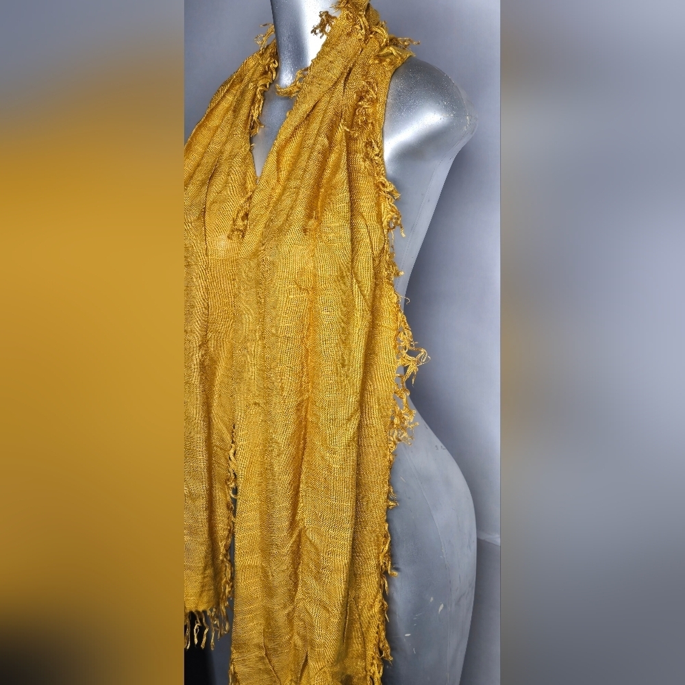 Honey Mustard Yellow Gold Woven  Rayon Fringe Scarf,  69” X 12”    2” Fringe - Picture 2 of 4